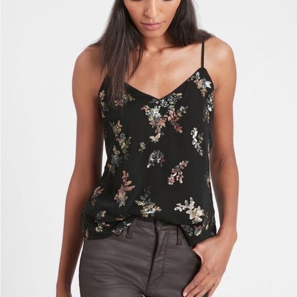Banana Republic Whimsigoth Top M Black Sequin Floral Georgette Fairy Cami Tank - Picture 4 of 11